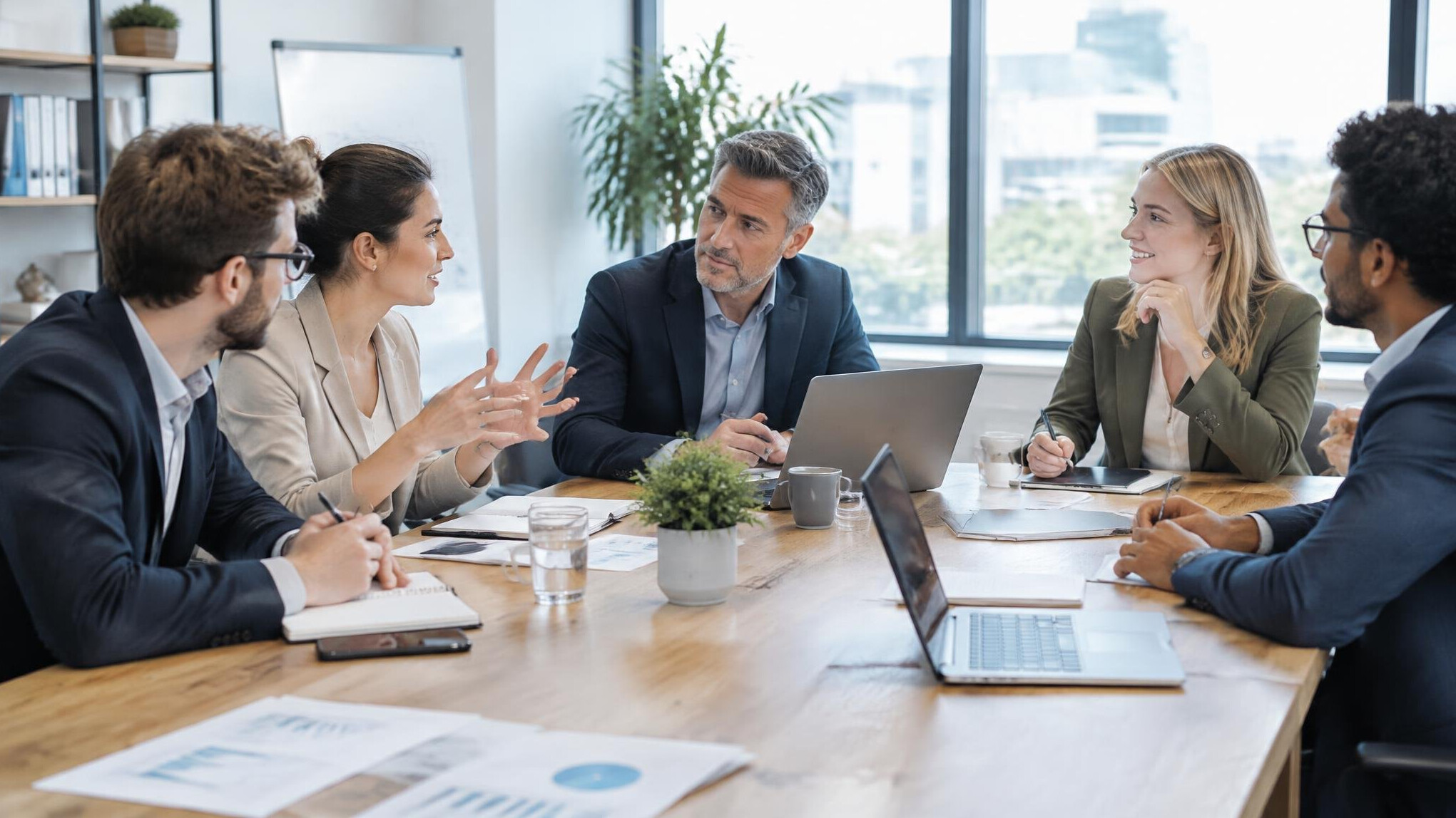 Diverse business team discussing around a meeting table