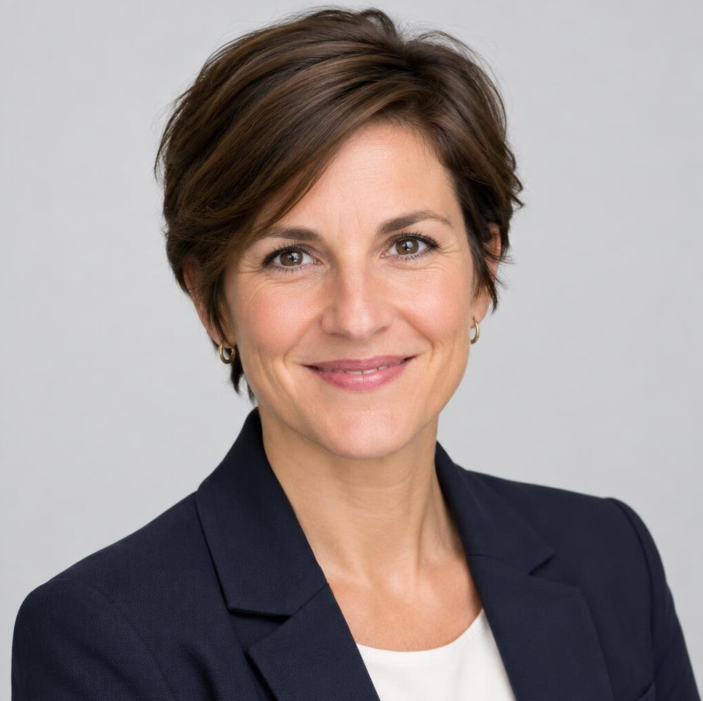 Studio portrait of a Belgian businesswoman with short brown hair