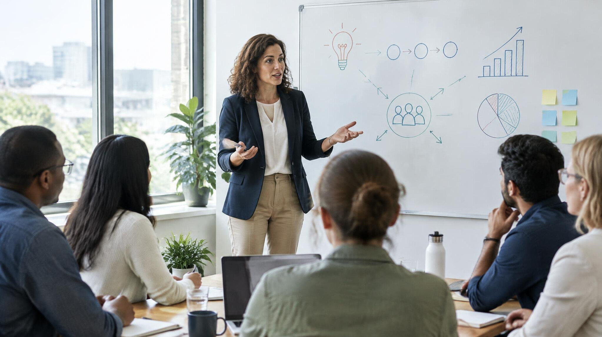 Facilitator leading a workshop in front of a whiteboard