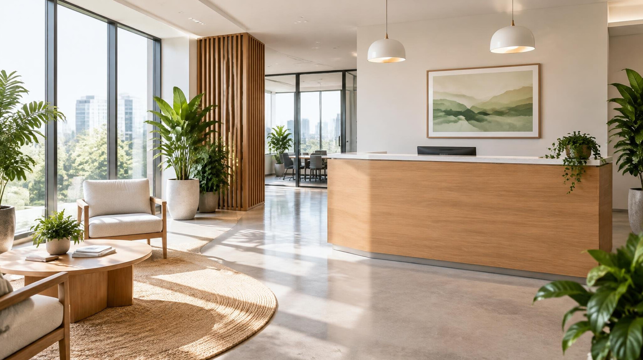 Reception desk in a modern office lobby